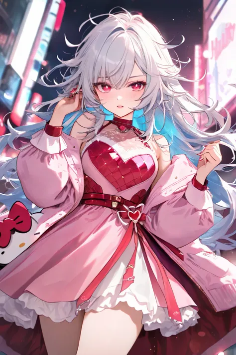 Anime Vampire Girl with messy hair white color hair with turquiose hair color  Red evil eyes with scorpion inside the eye pink lether jacked 8k resolution       Great details on face  handsome dress in pink jacket with hello kitty 