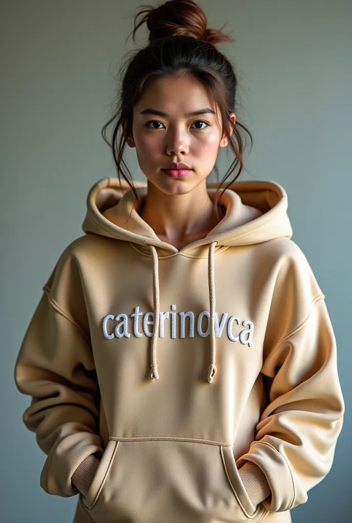 Athlete girl in a sweater with a hood and the inscription Caterinovca take as a photo