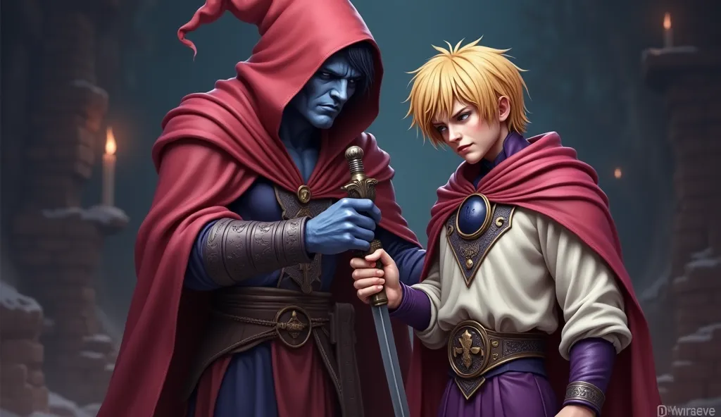 CREATE A REALISTIC CHARACTER LIKE THE ONE IN THE IMAGE, A WIZARD WITH A RED HOODIE WITH BLUISH SKIN ,  HE IS STICKING HIS SWORD THROUGH THE CHEST OF A YOUNG BLOND PRINCE WITH HAIR THAT GOES UP TO HIS NECK HIS HAIR IS STRAIGHT AND WITH FRINGES THE PRINCE'S ...