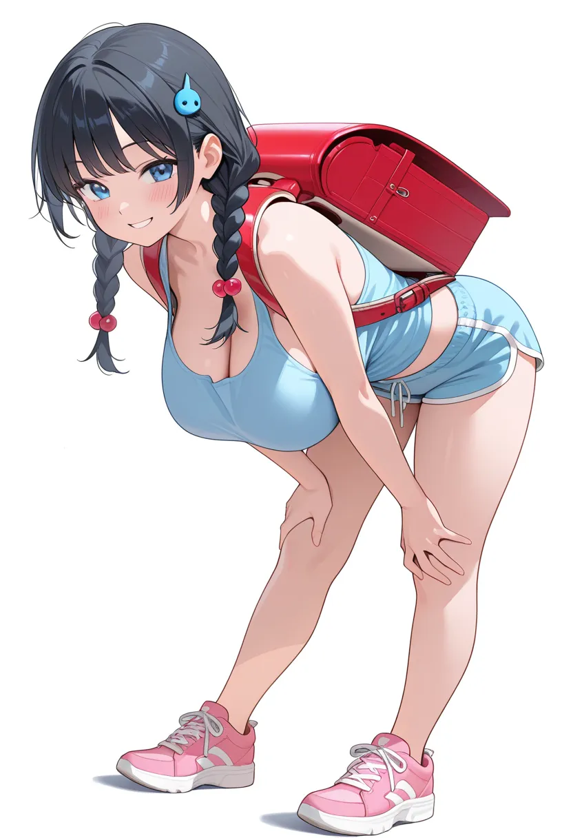 1girl, (hot girl:1.4), girl, backpack, big breasts, solo, shorts, bag, braid, smile, shoes, twin braids, leaning forward, hair ornament, hair bobbles, randoseru, white background, short shorts, tank top, sneakers, bent over, dolphin shorts, black hair, blu...