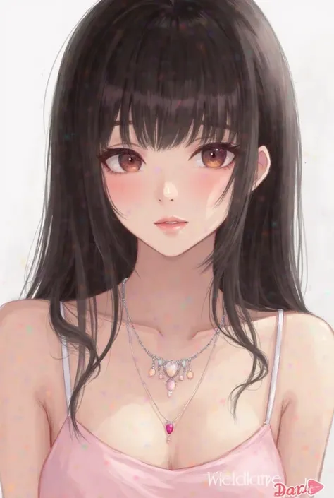 This is a digital painting or drawing of a young woman.  She has long, dark hair styled with bangs, and she's wearing a pale pink, low-cut top.  She's adorned with several delicate necklaces featuring pink and silver accents. Her expression is serene and s...