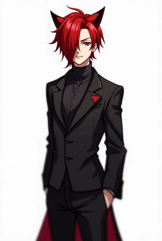 Give me a full body human with red hair with black highlight full body white background 3D both back and front with a tailcoat and turtleneck shirt male with a burnt half face And wolf cut mid long hair with black highlights and FULL BODY