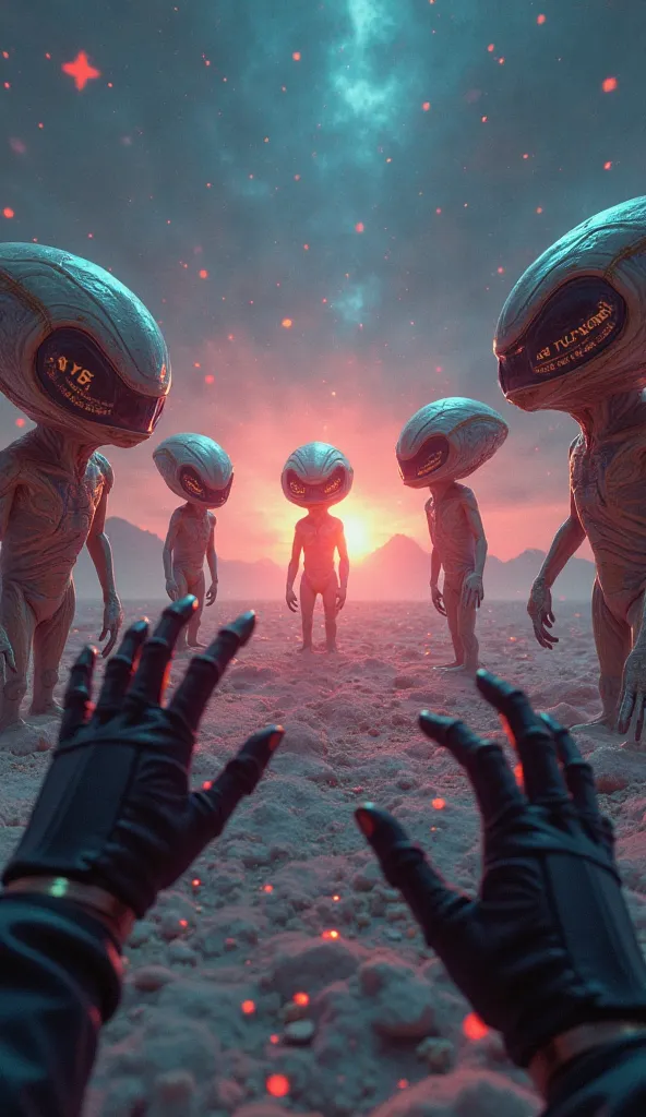 A hyper-realistic 8K first-person cinematic perspective of an astronaut encountering alien beings on a distant planet. Their gloved hands are in the foreground, slightly raised in a mix of awe and cautious communication. In front of them, several intellige...