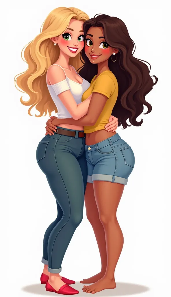 Create a realistic cartoon-style digital illustration of 4 hugging women. I want half my body from the waist up. Bottomless (png transparente). Include:


A white woman with wavy blond hair, smiling softly, wearing a casual and modern look.


A fat brunett...