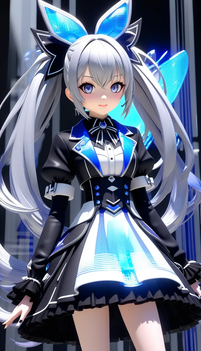 Collapse Star Railのキャラクターsilver wolf。Collapse Star Rail。silver wolf。 Silver Hair。ponytails for beautiful people。 gothic lolita costume。idol 。 \  character "  atlus"\, alone, ((   Transparency ３d,   transmission processing using holographic projection , 。 c...