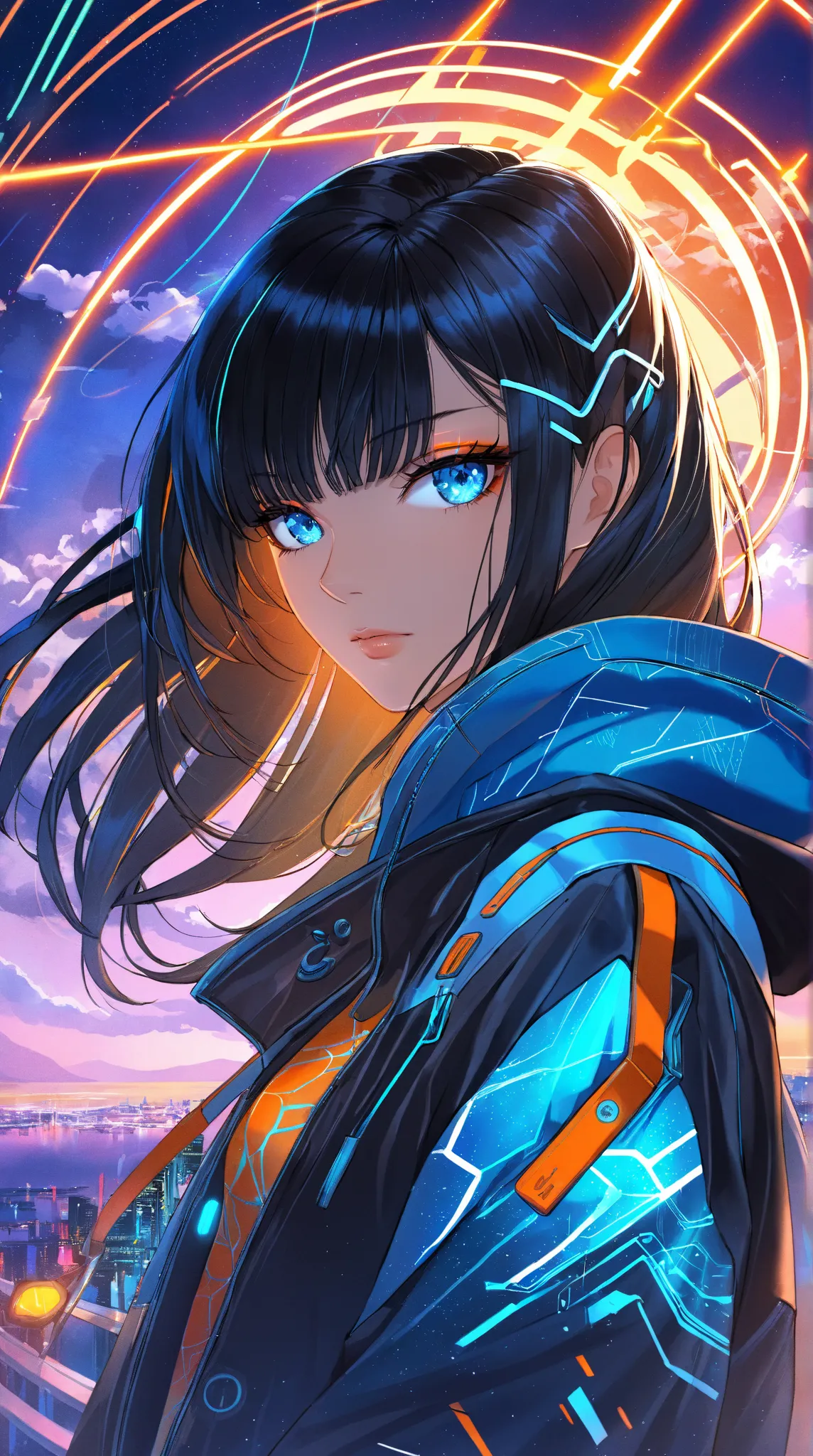 (Extreme close-up, Face-focused portrait)""A beautiful cyberpunk girl with glowing blue eyes and long flowing black hair, wearing a futuristic hoodie with neon blue and orange glowing patterns, a cropped jacket, and sleek high-tech accessories. The backgro...