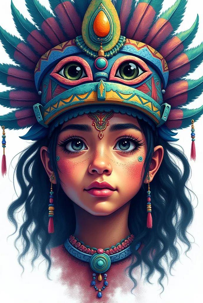 Colourful drawing of the face of a Mexican Aztec from the front, with cold colors and white background,  young 