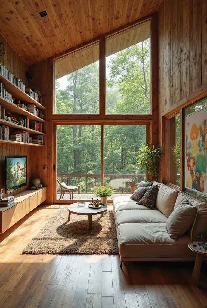 A cozy wooden cabin interior with a
modern aesthetic. It features large
floor-to-ceiling windows overlooking a
lush green forest, allowing natural light to
flood the space. The wooden walls and 24.1K
floors create a warm, rustic atmosphere.
Comfortable sea...