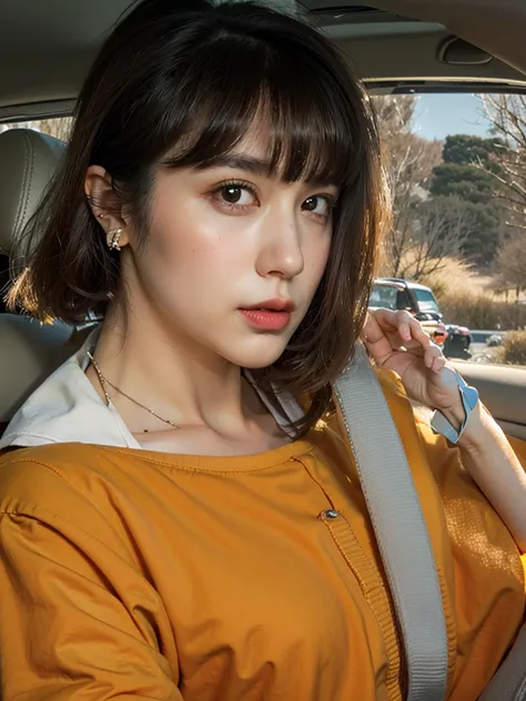 a woman sitting in a car with a cell phone in her hand, short hair, brown hair, shirt, earrings, lips, car interior, seatbelt