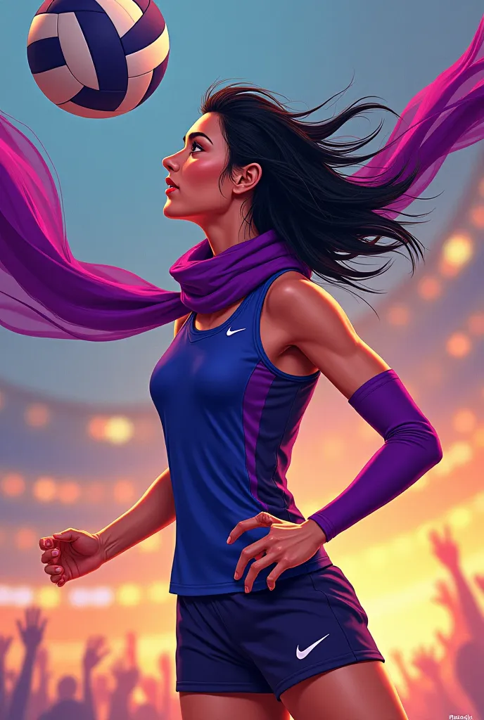 I want a lively girl volleyball player, with black hair , and a purple scarf, Related to Women's Day 