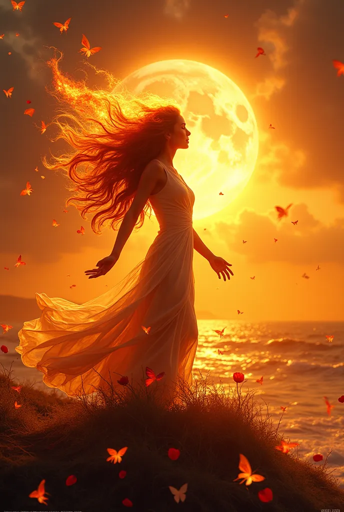 A woman of fire and wind rises on a golden horizon. His hair, like dancing flames, light up the night, and roots sprout from her hands that connect with fertile land. Her gaze reflects the strength of the waves and the tenderness of the moon. Around you, b...