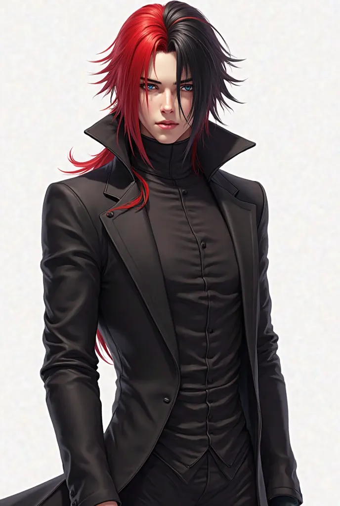 Give me a full body human with red hair with black highlight full body white background 3D both back and front with a tailcoat and turtleneck shirt male with a burnt half face And wolf cut mid long hair with black highlights and FULL BODY 3D