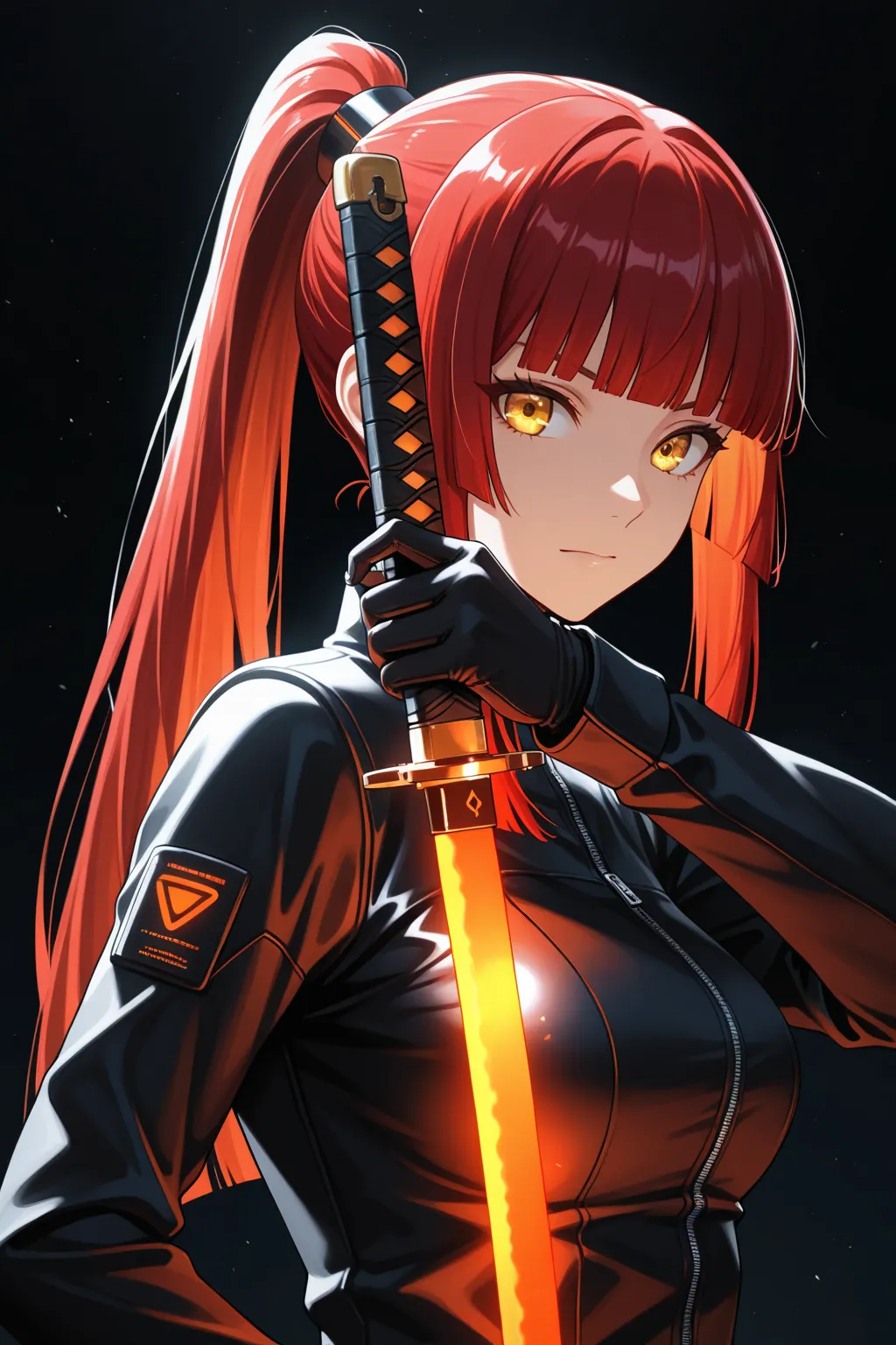 masterpiece, top quality,  feet ,  character focus , class, side angle, upper body, hime cut, long ponytail, Red hair, cybernetic, golden eyes, I have Katana, pose while wielding Katana, dynamic angle, focus on the face,  Viewers ,  Backlight, round backgr...