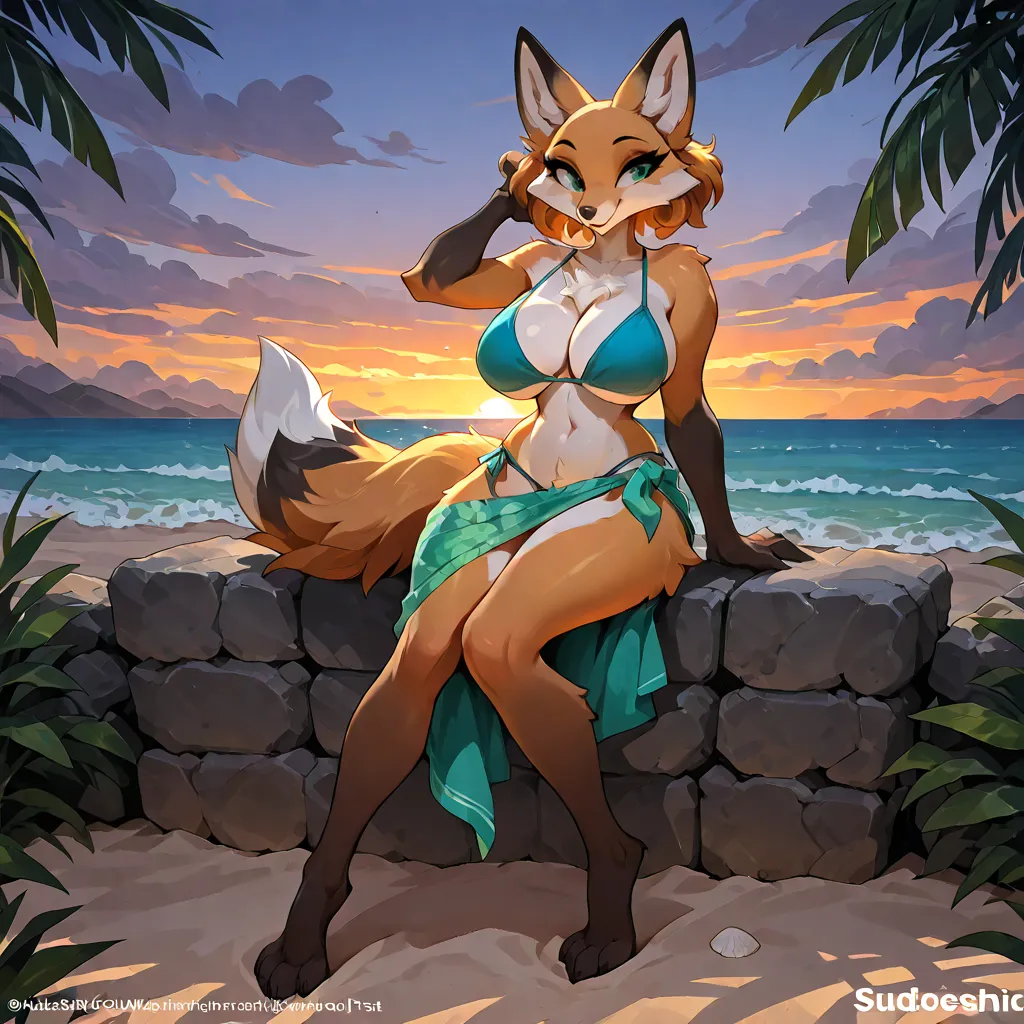 masterpiece, newest, (Anthropomorphic female fox), full body, furry female, female fox, Alone, chest tuft, big breasts, brands on the legs, yellow-skinned breasts, short hair with curly tips/wavy, sarong pass bikini, 4k, ultra detailed, absurd, studio ligh...