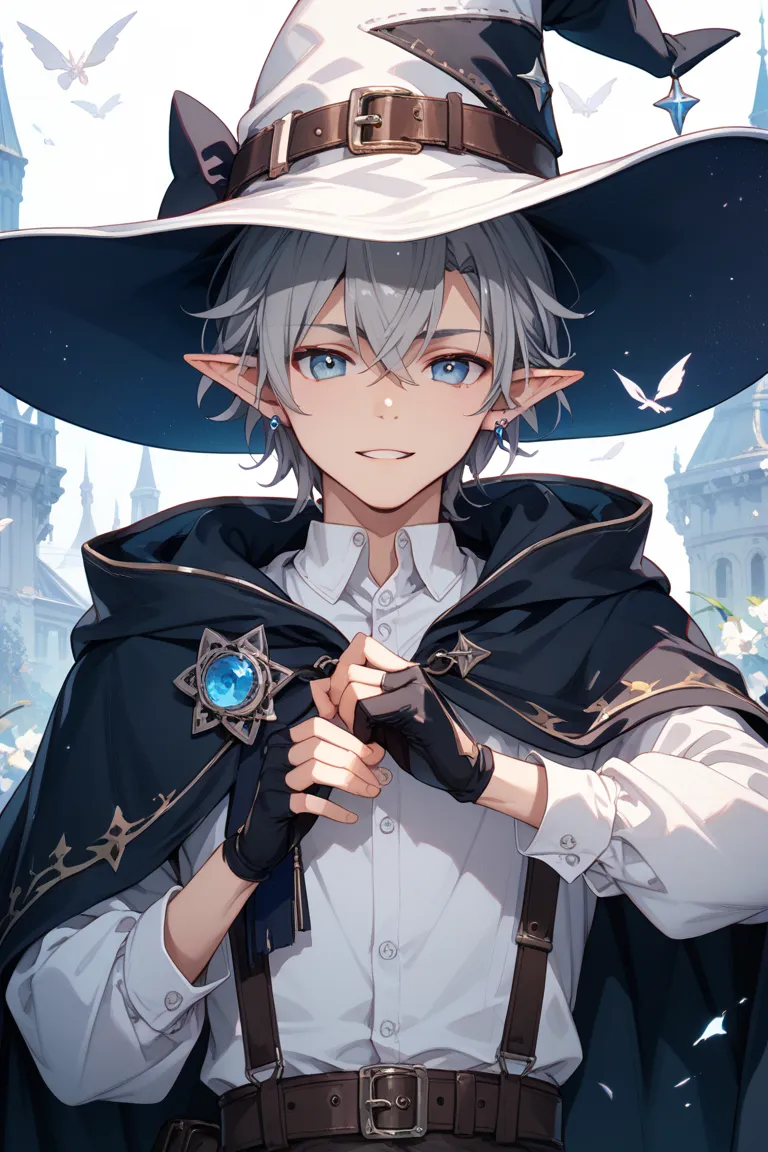 boy、White Witch Hat and Cloak、Gray Hair、pointed ears