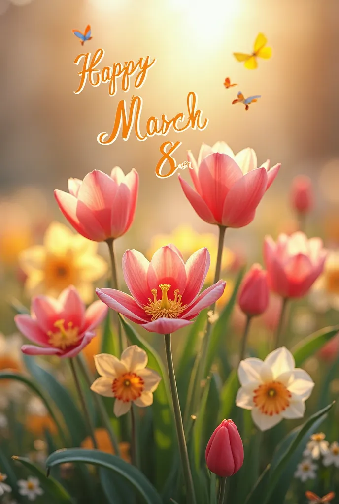 Spring flowers (Lola, rose, daffodil) open, prepare a picture written as "Happy March 8" in the golden number.
Happy March 8th dear women {x} Let there be butterflies fluttering softly over you and bright sunlight