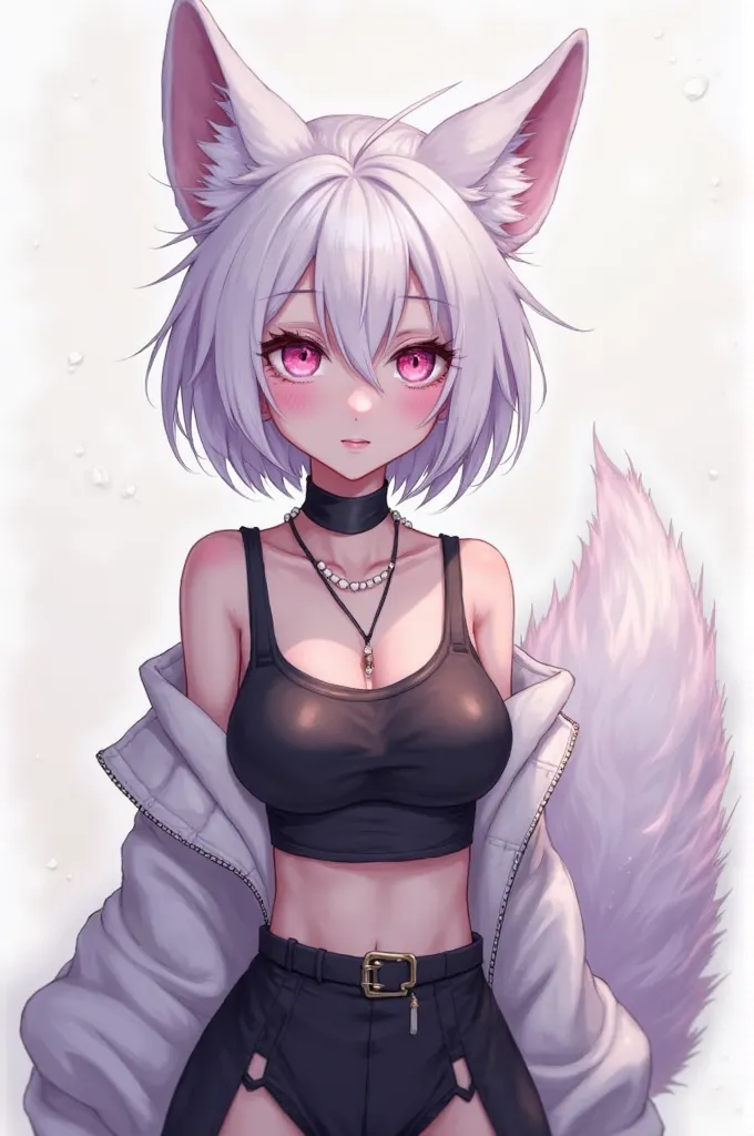 create a furry arctic fox effeminate boy drawing, lilac fur  ,  Pink Eyes , short white hair lingerie, short black women's shirt, black skirt , black necklace, Like Pinterest 