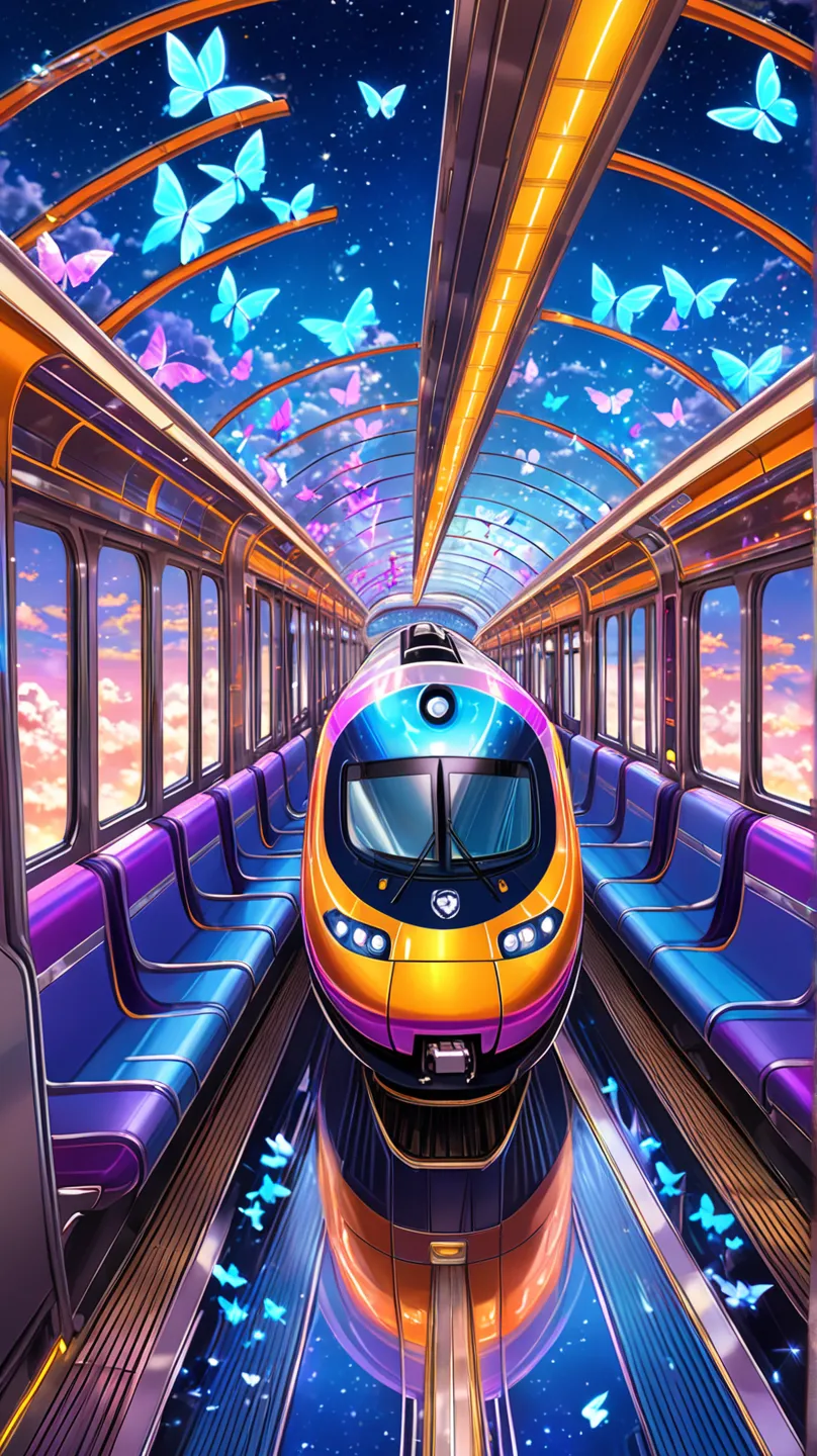 A futuristic high-speed train covered in shimmering neon lights and glowing butterflies, racing along a railway track that appears to be floating in the clouds. The sky is a vibrant blue with fluffy white clouds, and the sun's golden rays illuminate the tr...