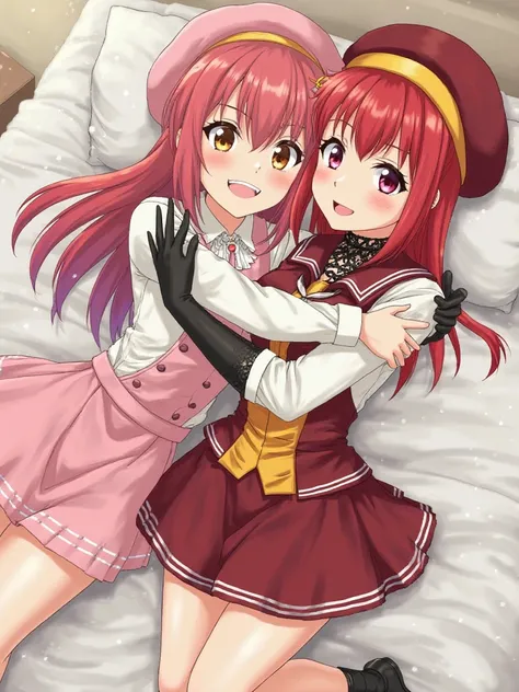 Two high school girls are hugging each other in a hotel bed
One is wearing a maroon half-up bangs, a high-necked white blouse with a ruffled collar, a pink jumper skirt, and a pink beret
One has red hair with a yellow headband, straight long hair, a mini p...