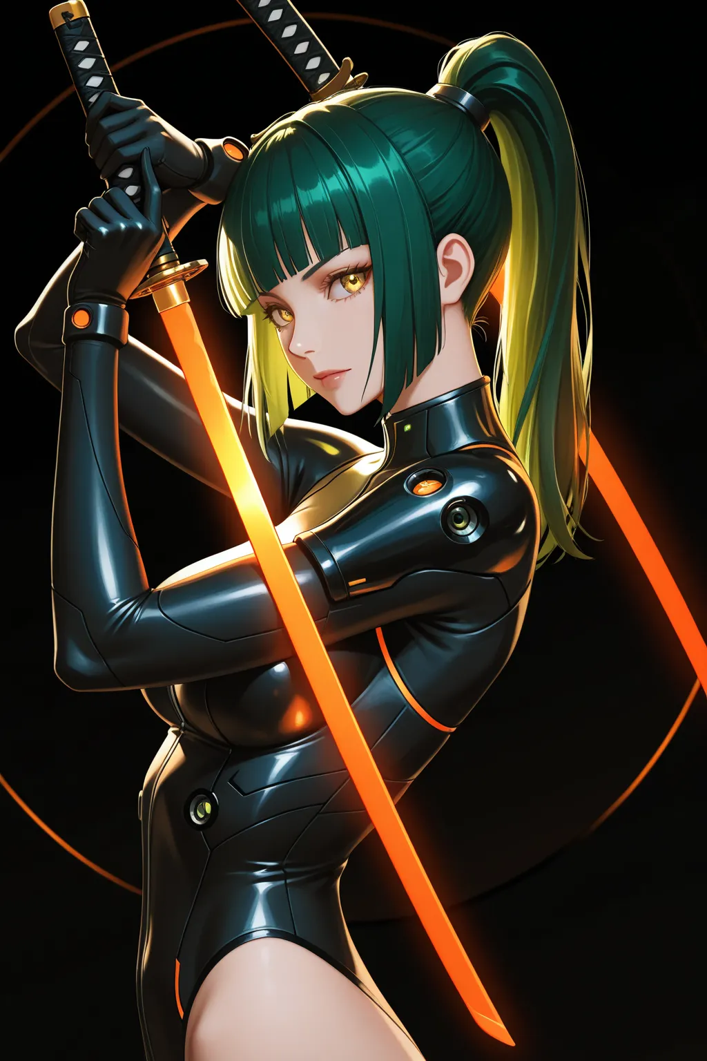 masterpiece, top quality,  feet ,  character focus , class, side angle, upper body, hime cut, long ponytail, green hair, cybernetic, golden eyes, I have Katana, pose while wielding Katana, dynamic angle, focus on the face,  Viewers ,  Backlight, round back...