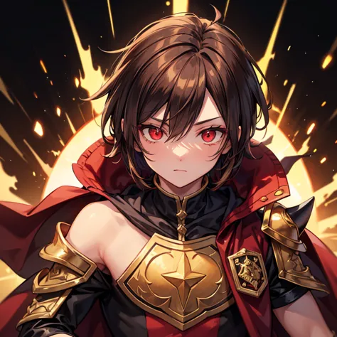 boy, messy shoulder length brown hair, a jester's outfit, layered in black and gold cloth, glowing crimson red eyes, black and gold cape