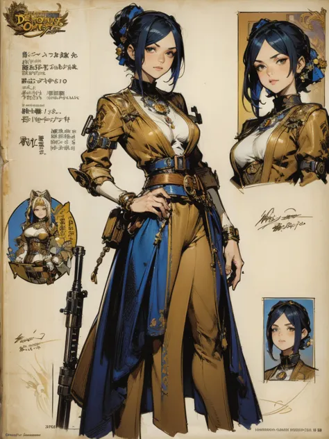   Girl with Long, Loose Black Hair  {x} Close up of a woman in a gun costume, ((character concept art)), ((character design sheet, same character, Front , side, return))   Maple Story Character Art  ,  Video Game Character Designs ,  Video Game Character D...