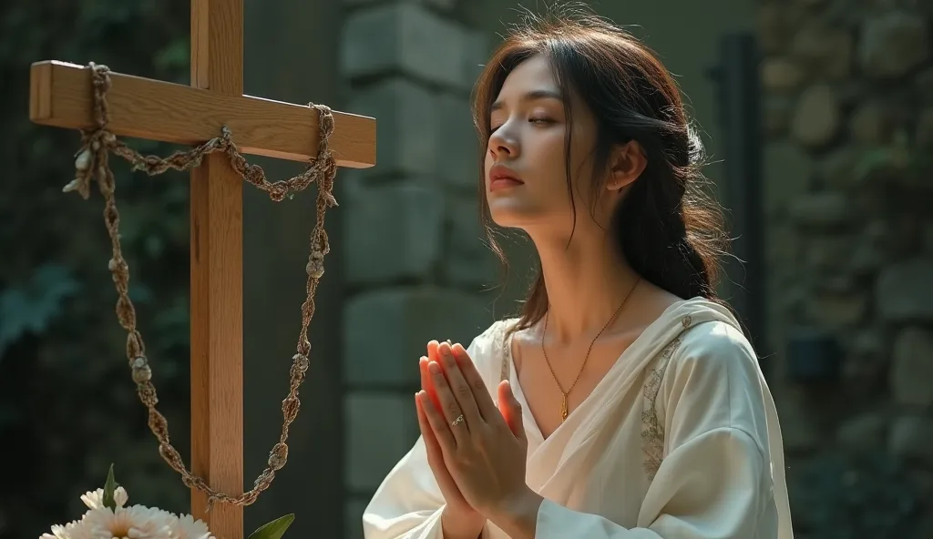 Beautiful woman praying to the cross