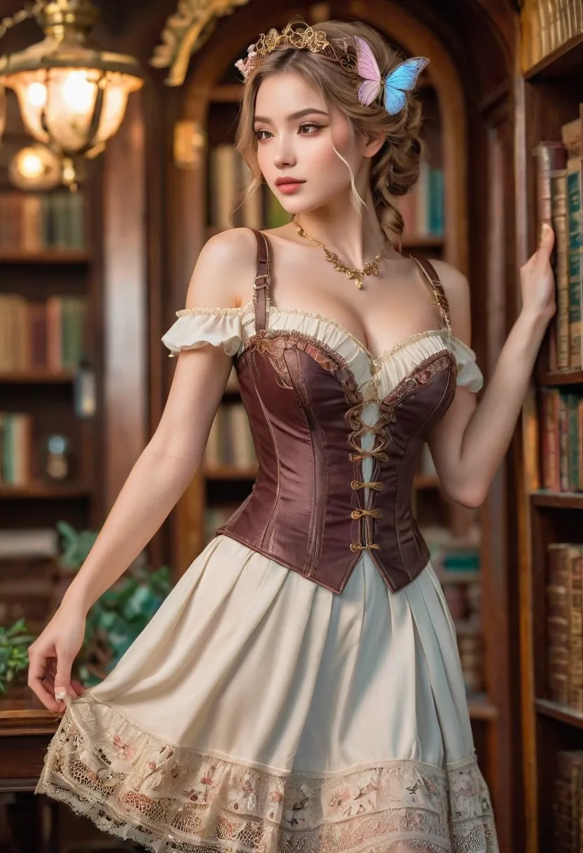 A stunning woman stands in the heart of a garden library, surrounded by shelves lined with ancient, leather-bound books. The atmosphere is whimsical and serene, blending steampunk, fairycore, and angelcore aesthetics. Her curvaceous, hourglass figure is bo...