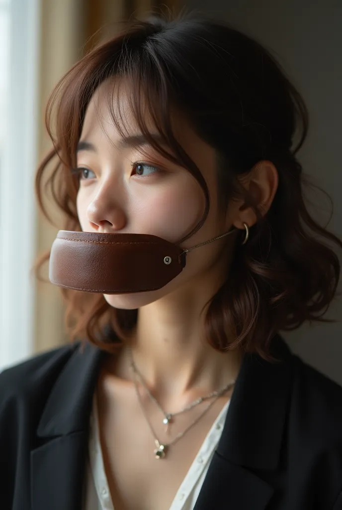 Professional photo shoot of a beautiful woman using natural light、A 16-year-old with brown hair, a cute Japanese man with a small, sharp, long, and well-balanced round outline is blindfolded made of leather, wears a gag around his mouth, and his chin is ra...