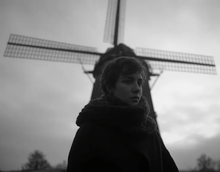 Cinematic photography, low-angle close-up view of a young woman standing in front of a towering windmill. She is wearing winter clothing — a long, dark coat with a high collar, a knitted scarf wrapped around her neck, and a woolen beanie covering her long,...