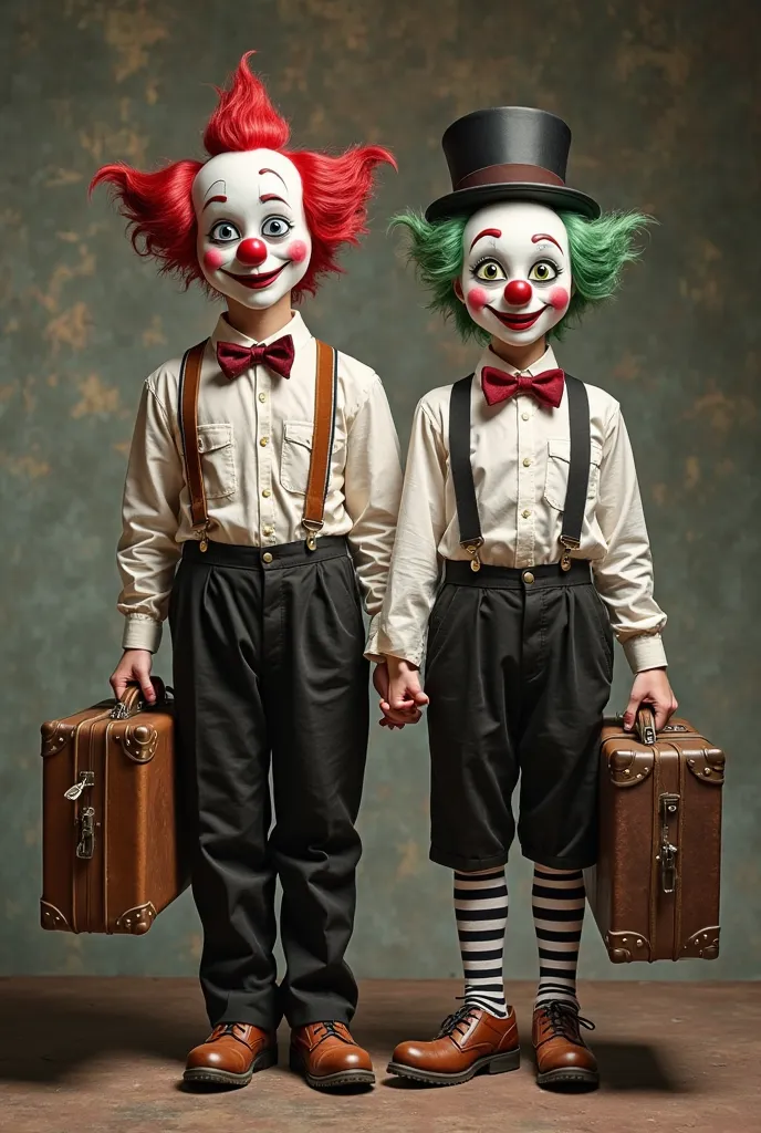 Make a logo written K-ravana with 2 silly looking clowns, looking forward, holding old suitcases, o primeiro palhaço é mais baixo e usa camisa vinho com suspender hat, black pants with Italian hem, Shorter, showing the black and white striped socks, antiqu...