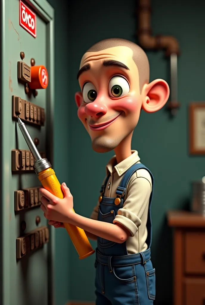 Pixar and Disney style, Electrician,  1900s,  near  , Switchboard with a shaved head and face , в униформе Electricianа,  electrician a {x} electric screwdriver and nippers , ）, expressive eyes,