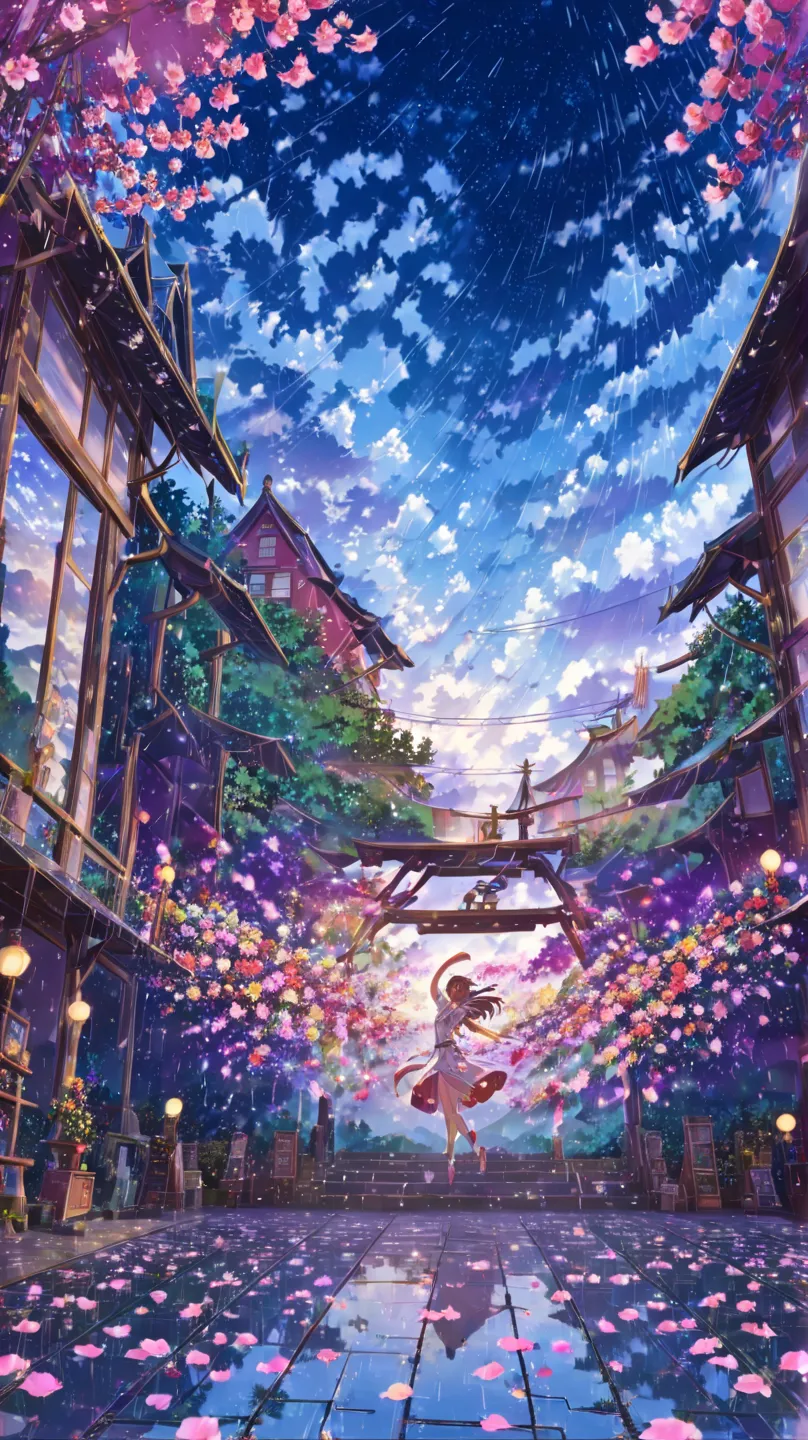  Rain of Petals ,  Dancing in the Wind ,  Colorful Flowers. bright colors,  twinkle in both armpits,  fantasy, Wide angle, Artistic Expression, Screenshot of the Shinkai Makifu Art, detailed background, anime in mnst art style,  Scenery