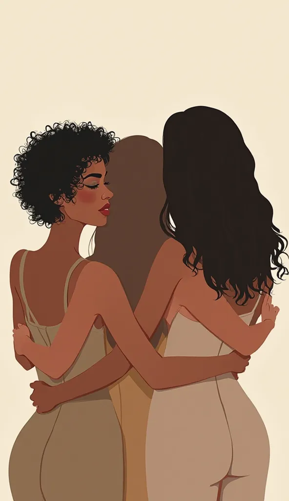 
"Create an artistic illustration focusing on the shadows from the neck to the heads of the 4 women they are embracing.  Shadows should be subtle , but distinct, representing different hair textures without revealing any facial features. One woman has friz...