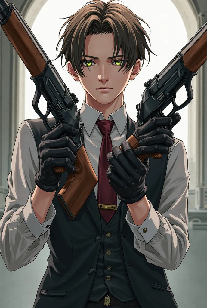 Fassa a young white man, brown hair back, black eyes with green pupils, his clothes are a black suit with white sleeves, burgundy tie, and two muskets in his hands, black gloves and in the style of anime art