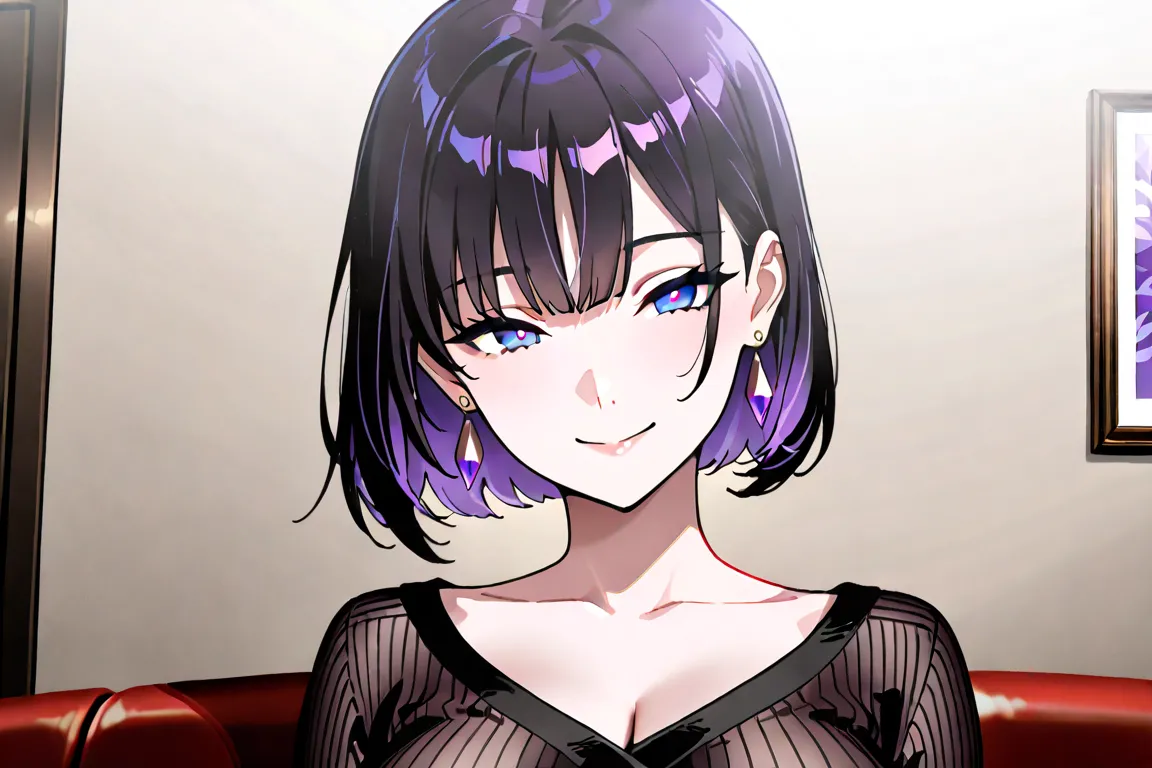 High resolution, short hair, black hair, violet eyes,  earrings, straight bangs, straight bangs,  Precise, Detail, high quality,  smile, violet eyes,  smile, big breasts, Shine, short hair, adult, 1 woman, anime scene.