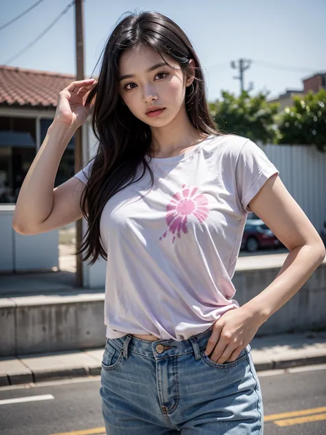 a woman in a tie dye shirt posing for a picture, long hair, breasts, black hair, brown eyes, cowboy shot, parted lips, pants, lips