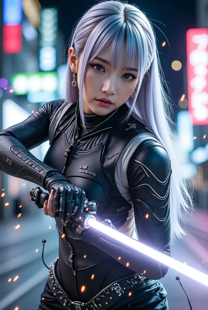 dynamic action scene with sparks dancing。cyber A futuristic female warrior who combines punk and Japanese styles、Ready for battle with a cool expression。skyscrapers in a neon city、wears cybernetic accessories with long silver hair and {x} suits are embedde...