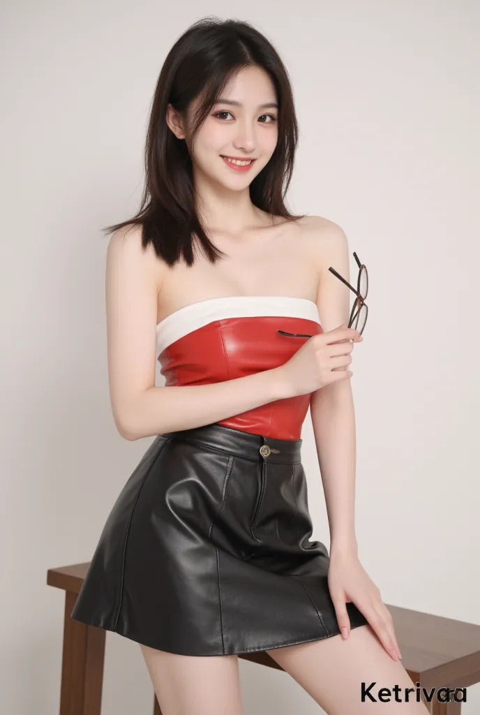 
A modern, fresh-looking young woman, dressed in a shiny red leather strapless dress and a full-length black leather skirt, smiling brightly, holding a pair of glasses in one hand.