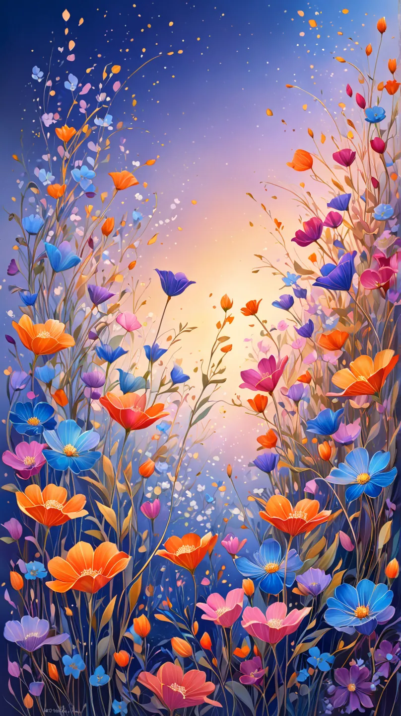 A stunning fantasy floral painting featuring a variety of delicate and colorful flowers in full bloom. The flowers, in shades of blue, orange, red, pink, and purple, rise gently against a soft, gradient background transitioning from warm golden hues to a c...