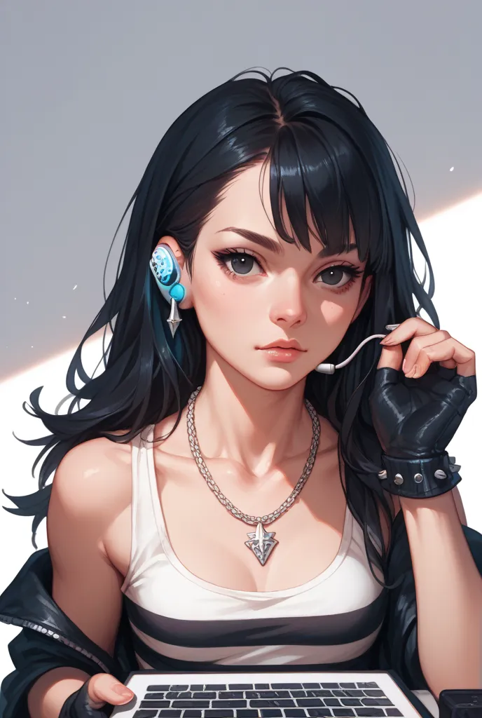 A drawing of a girl with long black hair and black eyes wearing earphones with spikes , necklace with ribs and without fringes with glove with stripes and you are drawing on your digital tablet