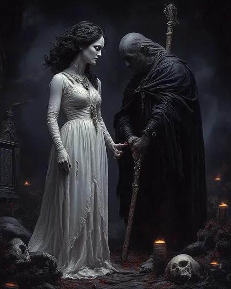 a very white woman with untidy black hair covering her face, in a white dress with veils all torn flying in the wind, curled with a veil over her head next to a gray-haired man, Well of age, all in black with a black cape, barefoot using a bone cane in a m...