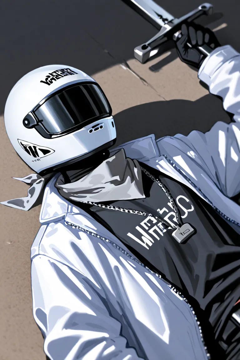 a man with a large physique, he wears a white motorcycle helmet with a black visor. He wears a black shirt and a white jacket with the word 66 stamped on the chest, wearing a gray bandana around his neck, on his back he has a large sword.