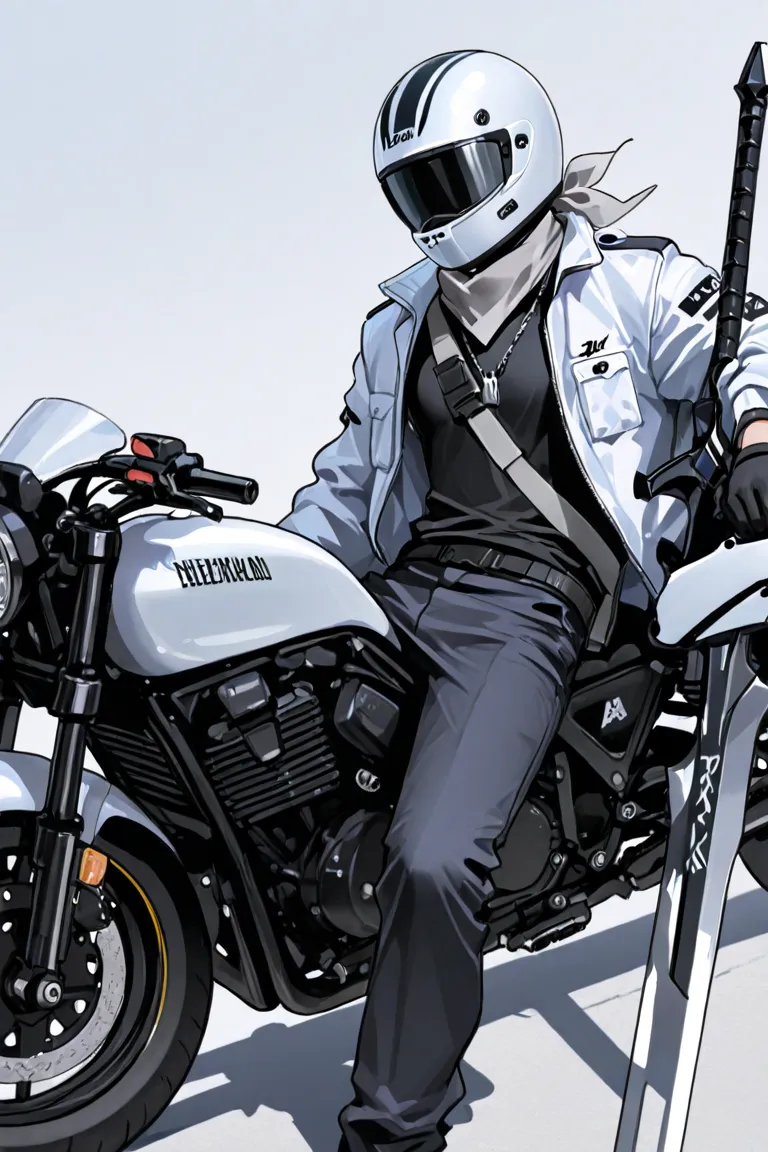 a man with a large physique, he wears a white motorcycle helmet with a black visor. He wears a black shirt and a white jacket with the word 66 stamped on the chest, wearing a gray bandana around his neck, on his back he has a large sword.