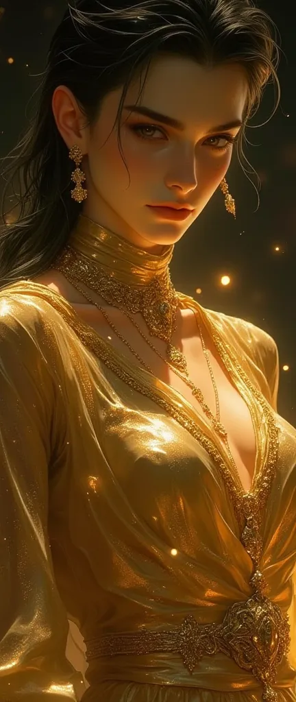 A beautiful cinematic female sand goddess, golden dress, glow golden tattoo, galactic shamen with quantum energy. Fantasy. Fantasy magic. Undercut hair style. Dark light. Night. Intricate. Elegant. Sharp focus. Highly detailed. Masterpiece 