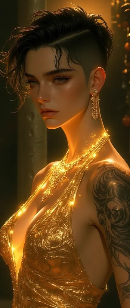 A beautiful cinematic female sand goddess, golden dress, glow golden tattoo, galactic shamen with quantum energy. Fantasy. Fantasy magic. Undercut hair style. Dark light. Night. Intricate. Elegant. Sharp focus. Highly detailed. Masterpiece 