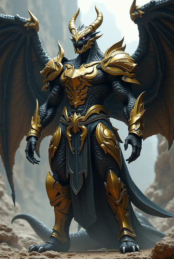 A being with a sturdy and muscular build and large with black dragon wings with gold details and sturdy armor that covers his entire body with gold details and a helmet similar to the head of a dragon