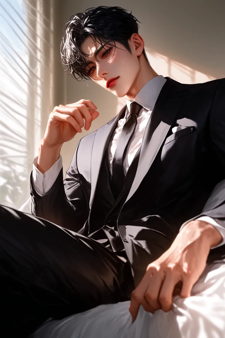 bad，  I have dark hair， Very short hair，   black suit，Head perspective   ，，    Korean Comic Style    ，  young, good condition ，    very handsome    脸瓜子脸，  wet hairstyle    ，  Dark black eyes    ，     very handsome    , black suit 셔츠,   bed ,  , Superior,  ...