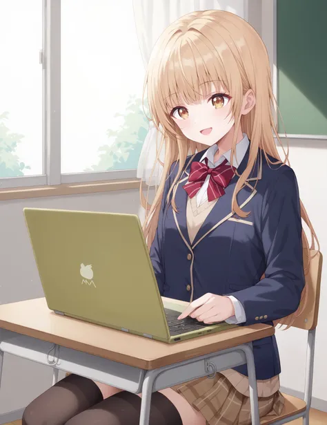 Masterpiece, hires, best quality, cute girl, mahiiru shina, 1girl, blonde hair, long hair,  wearing white collared shirt, wearing red bowtie, dark blue blazer, closed jacket, light brown plaid skirt, wearing light brown sweater vest, black thighhighs, brow...
