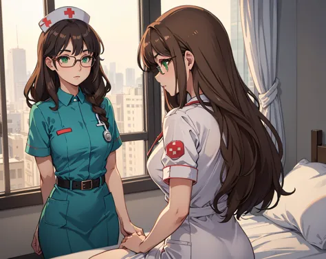 Create a woman with green eyes glasses light brown hair brown hair wavy hair Long frizzy back in a very beautiful nurse's outfit who is alone